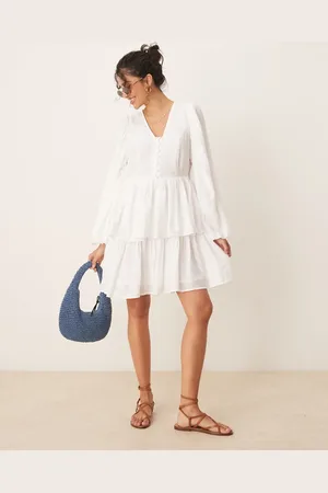 Y.A.S Puff sleeve button front boho mini dress in white