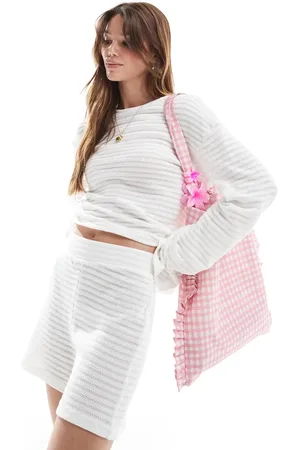 Pieces® Mix and Match self stripe knitted shorts in off white