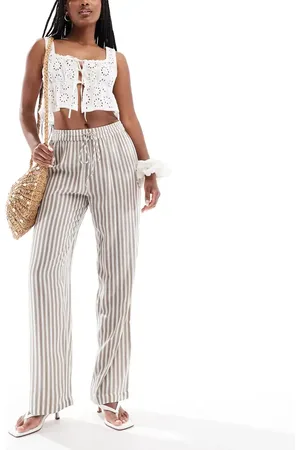 Pieces® High waist wide leg pants in moonrock and white stripe-Brown