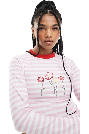 ASOS Stripe fitted top with contrast ringer and floral embriodery in
