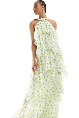 VERO MODA Felicia halter neck tiered maxi dress with corsage detail in print-Yellow