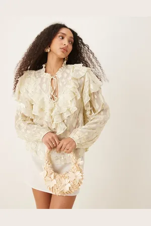 Never Fully Dressed Boho ruffle metallic jacquard blouse in and gold-White