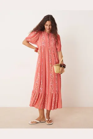 Y.A.S Festival boho style puff sleeve maxi dress with button front detail in coral floral stripe-Multi