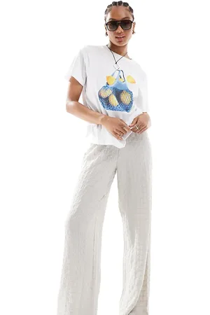ONLY Seersucker wide leg pants in stone-Grey