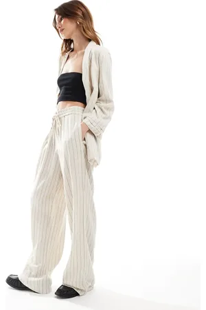 Pieces® Mix & Match linen touch wide leg pants in birch cream and black stripe-White