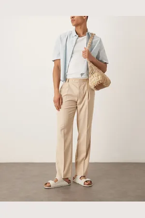 ASOS Smart tapered crosshatch textured pants with front pleat in -Neutral