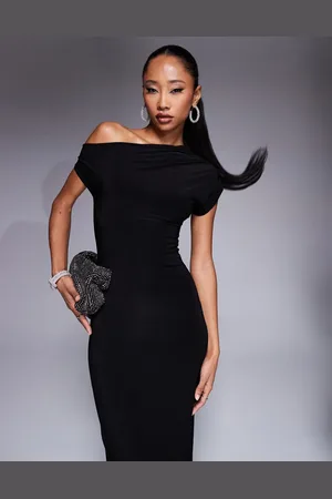 Kaiia Exclusive double layered slinky drape off shoulder bodycon maxi dress in