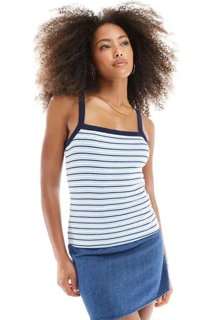 JJXX Stripe ribbed strap top in blue navy
