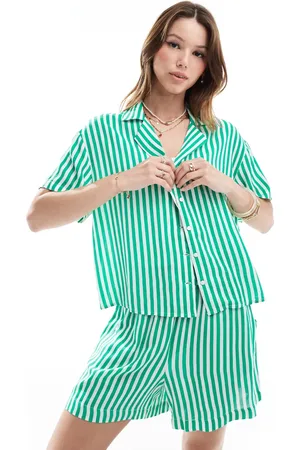 Pieces® Short sleeve boxy shirt in green and white stripe (part of a set)