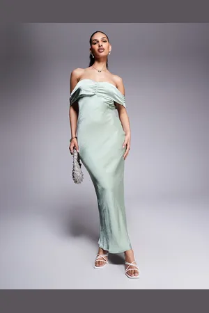 Princess Polly Satin bardot ruched front detail maxi dress in -Green