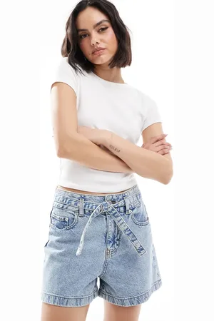 JJXX Denim shorts with tie waist in light blue