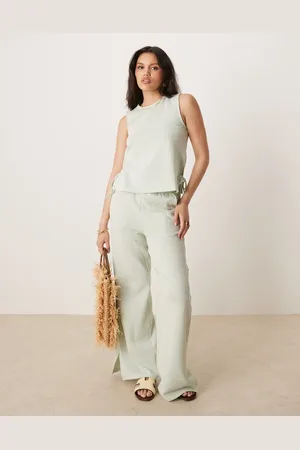 VILA Textured stripe wide leg pants in green and cream (part of a set)