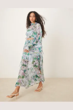 ASOS High neck cut out maxi dress with frill sleeve in -Multi