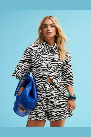 ASOS Denim short sleeve top with cinch waist in zebra print (part of a set)