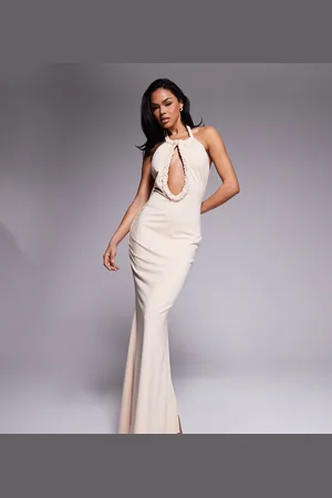 Murci Exclusive double layered slinky rope trim keyhole detail halterneck maxi dress in -Pink