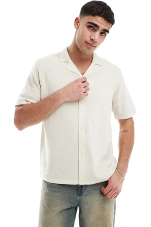 JJ Revere collar button through knitted polo in beige-Neutral