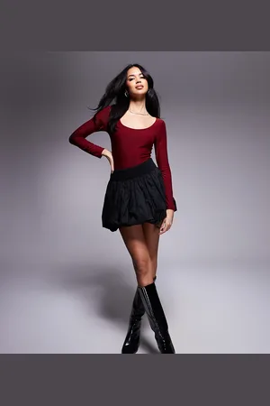 Fashionkilla Exclusive sculpted double layered slinky scoop neck long sleeve body in