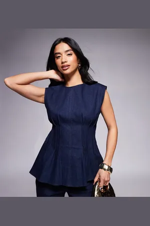 River Island Pintuck denim poplin top in darkwash blue (part of a set)-Navy
