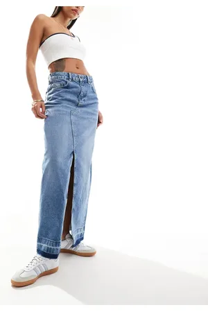 Object Denim maxi skirt with front split in medium blue