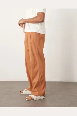 ASOS Smart wide leg linen blend pants with double pleats in -Brown