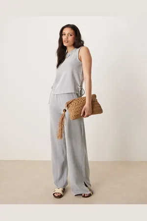 VILA Textured stripe wide leg pants in black and cream (part of a set)
