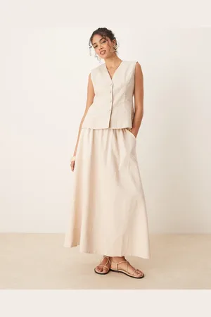 Y.A.S Linen touch full midi skirt in cream-White