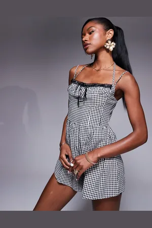 Princess Polly Lace trim halterneck bust detail playsuit in gingham-Multi