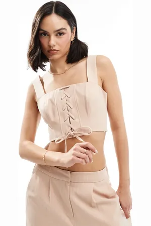Miss Selfridge Lace up corset crop top in pink pinstripe (part of a set)