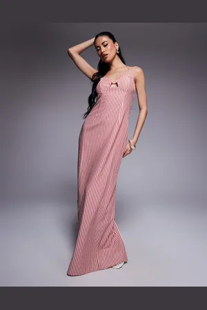 Kaiia Exclusive structured keyhole cutout detail halterneck maxi dress in red and white seersucker stripe-Multi