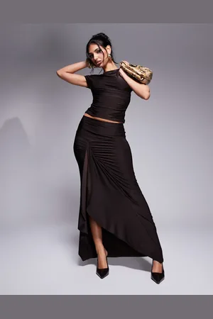 Kaiia Exclusive slinky drape detail maxi skirt in (part of a set)-Brown