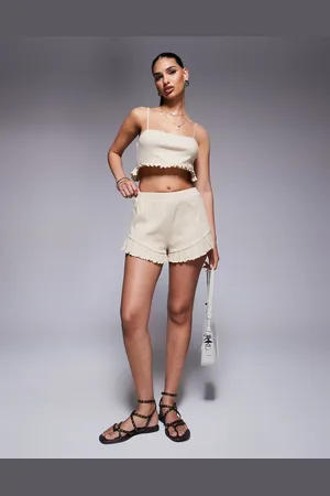 ASOS Crinkle flippy shorts with frill hem in (part of a set)-Neutral