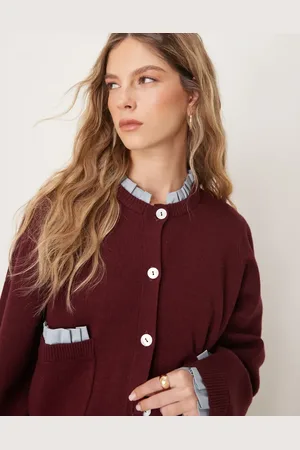Neon Rose Compact contrast frill cardigan in grey-Red