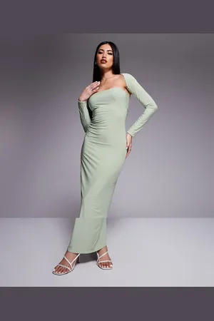 Kaiia Exclusive slinky bandeau maxi dress with long sleeve shrug in sage-Green