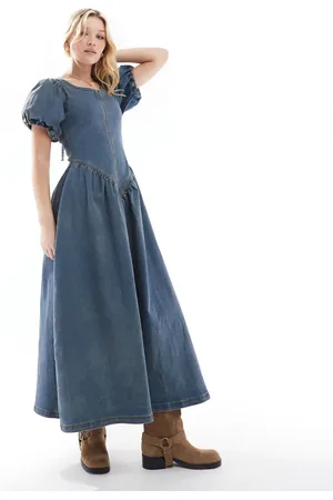 Daisy Street Drop waist maxi dress with puff sleeve in denim