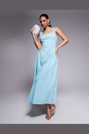 Kaiia Exclusive square neck ruched lace trim hip pleat detail maxi dress in