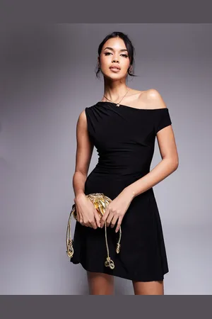 Kaiia Exclusive slinky off shoulder drape detail fitted waist mini skater dress in