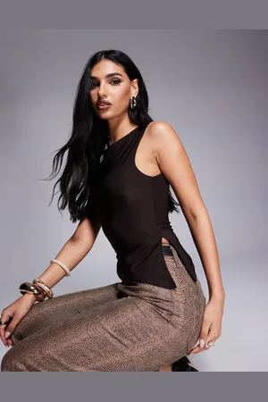 Kaiia Exclusive slinky sleeveless asymmetric side split top in -Brown