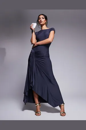 Kaiia Exclusive slinky cap sleeve side split drape detail maxi dress in -Grey