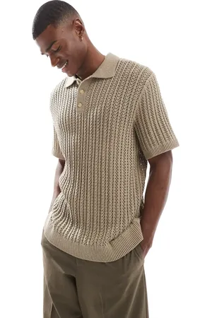 JACK & JONES Premium crochet knitted polo shirt in tan-Brown