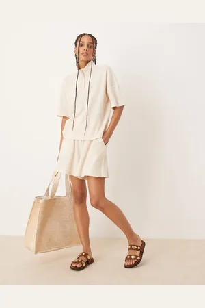 VILA High waist waffle shorts in cream (part of a set)-White