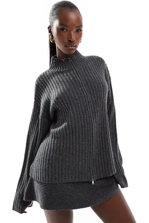 Kaiia Exclusive zip through ribbed knit jumper in charcoal (part of a set)-Grey