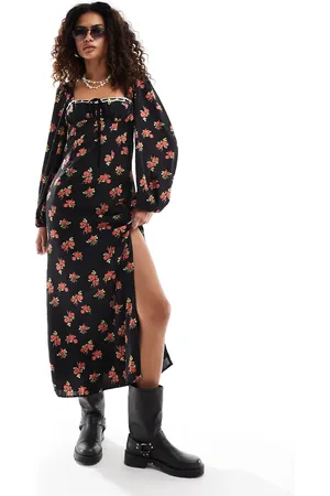 Kiss The Sky Long sleeve bustier maxi dress in black floral-Red
