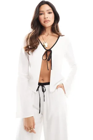 Kaiia Exclusive linen look tie front contrast trim beach shirt in