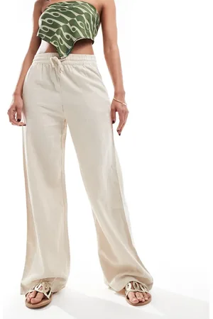 JDY Wide leg linen mix pants in stone (part of a set)-Neutral