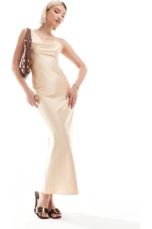 Miss Selfridge Cowl neck satin midi slip dress-Gold