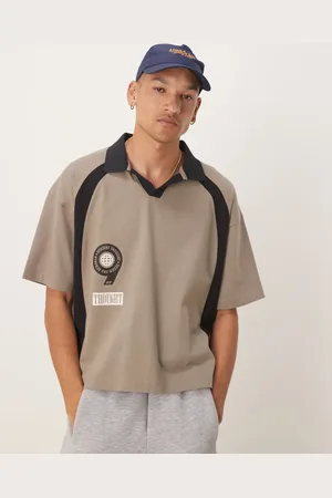 ASOS Boxy oversized polo with front and back sports print in grey