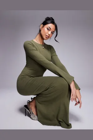 Kaiia Exclusive knitted flare sleeve bodycon maxi dress in -Green