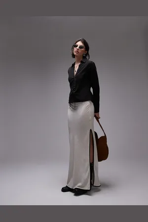 Topshop Linen bias maxi skirt in with black piping-Neutral