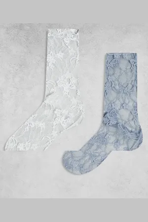 Reclaimed Mesh floral ankle socks 2 pack in white and blue