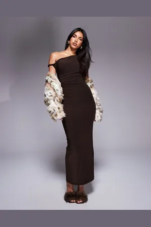 Kaiia Exclusive slinky bodycon off shoulder twist strap maxi dress in brown